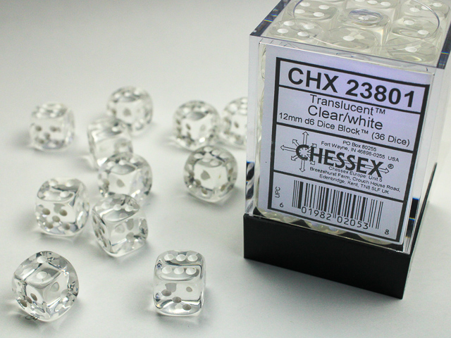  Translucent 12mm d6 Clear/white Dice Block™ (36 dice)