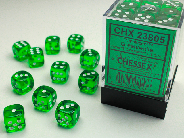  Translucent 12mm d6 Green/white Dice Block™ (36 dice)