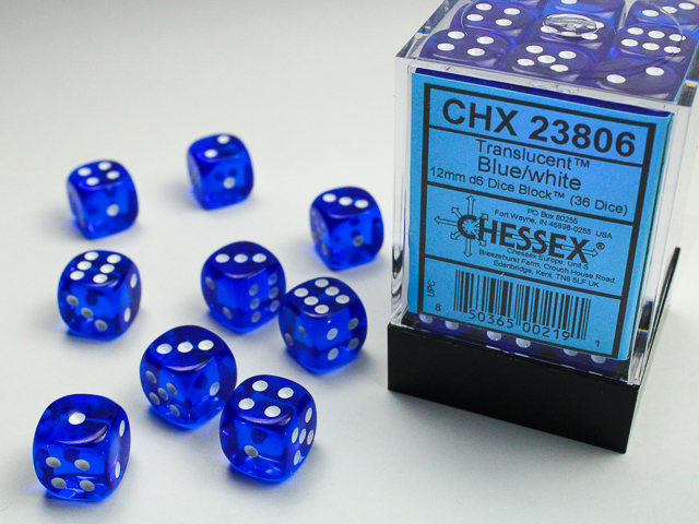 Translucent 12mm d6 Blue/white Dice Block™ (36 dice)