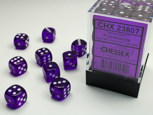  Translucent 12mm d6 Purple/white Dice Block™ (36 dice)