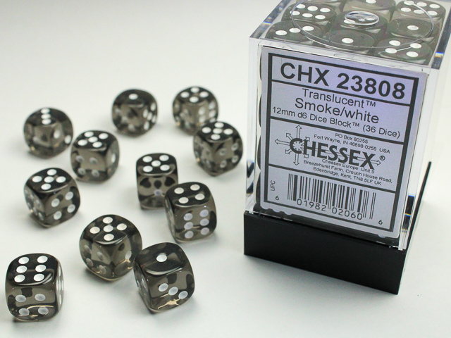  Translucent 12mm d6 Smoke/white Dice Block™ (36 dice)
