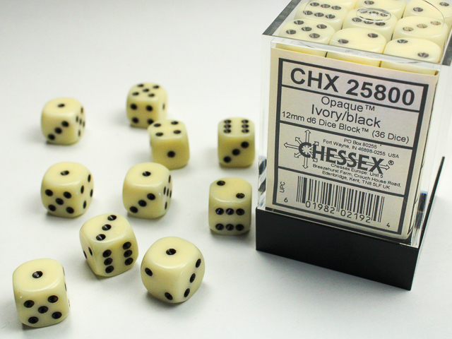  Opaque 12mm d6 Ivory/black Dice Block™ (36 dice)