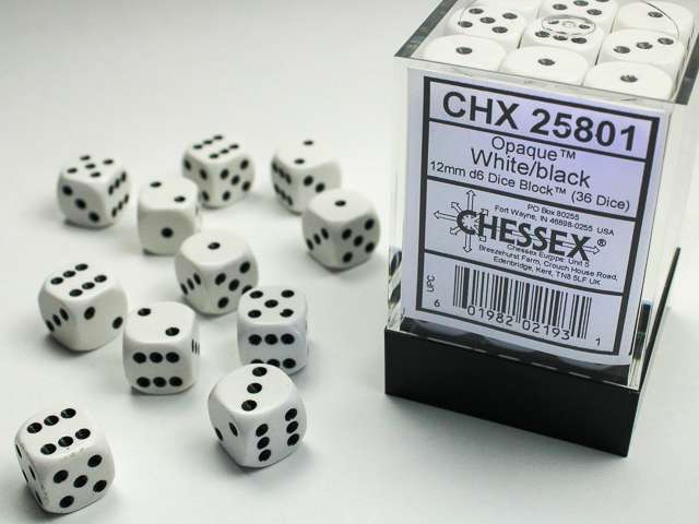  Opaque 12mm d6 White/black Dice Block™ (36 dice)