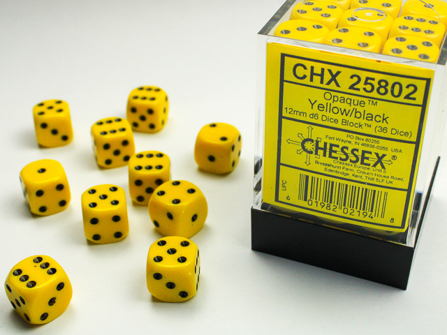  Opaque 12mm d6 Yellow/black Dice Block™ (36 dice)