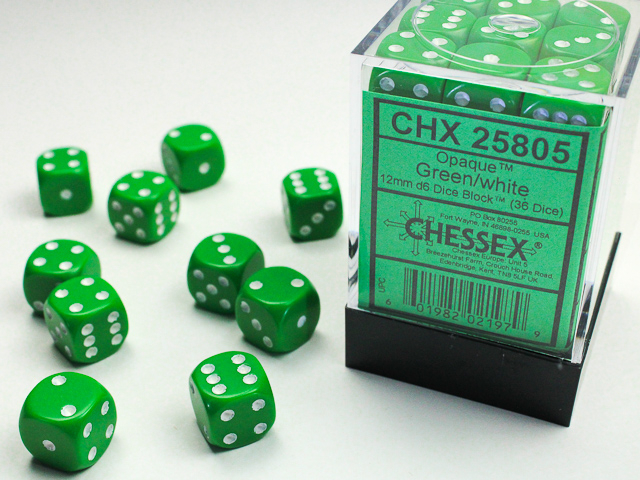  Opaque 12mm d6 Green/white Dice Block™ (36 dice)