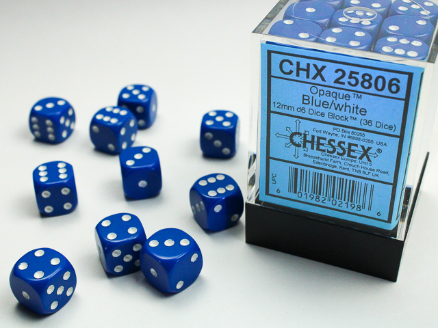  Opaque 12mm d6 Blue/white Dice Block™ (36 dice)