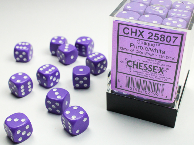  Opaque 12mm d6 Purple/white Dice Block™ (36 dice)
