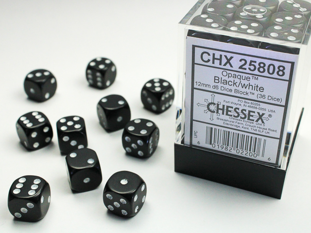 Opaque 12mm d6 Black/white Dice Block™ (36 dice)