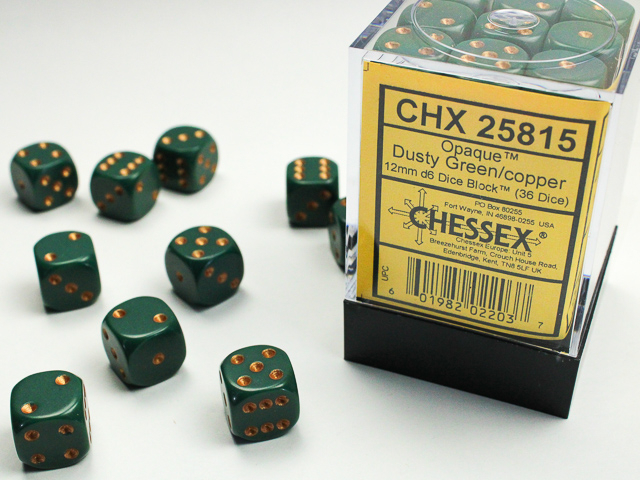  Opaque 12mm d6 Dusty Green/copper Dice Block™ (36 dice)