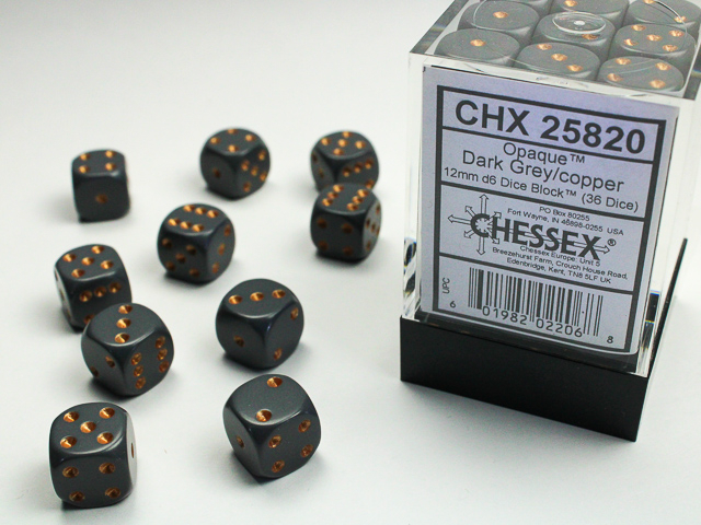  Opaque 12mm d6 Dark Grey/copper Dice Block™ (36 dice)
