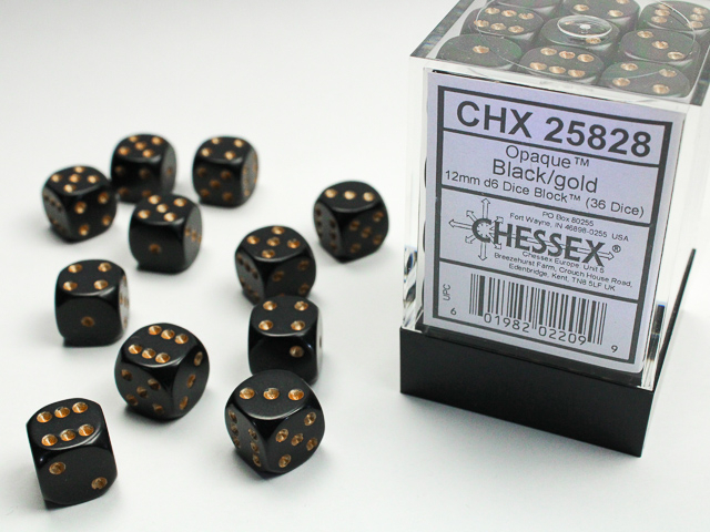  Opaque 12mm d6 Black/gold Dice Block™ (36 dice)