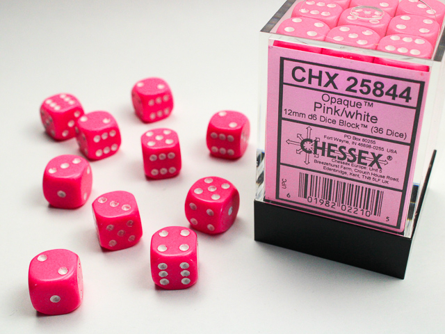  Opaque 12mm d6 Pink/white Dice Block™ (36 dice)
