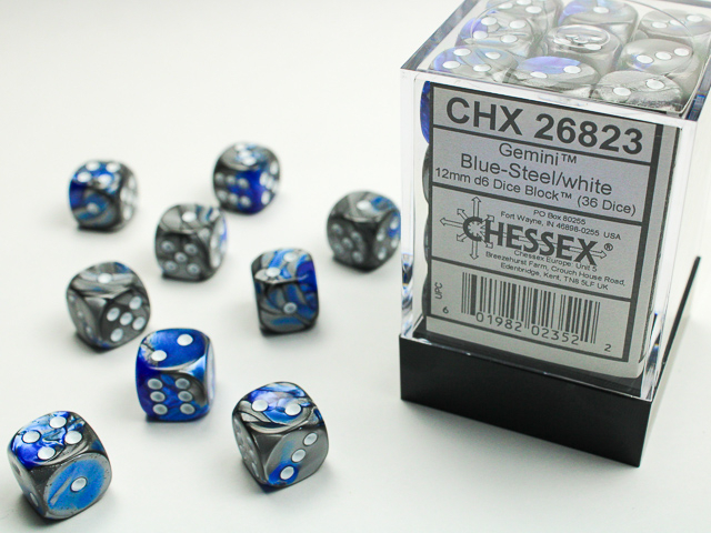  Gemini® 12mm d6 Blue-Steel/white Dice Block™ (36 dice)