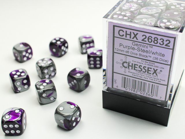  Gemini® 12mm d6 Purple-Steel/white Dice Block (36 dice)