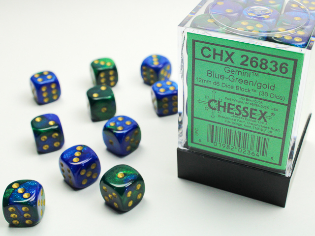  Gemini® 12mm d6 Blue-Green/gold Dice Block™ (36 dice)