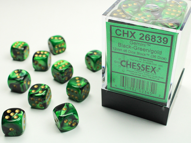  Gemini® 12mm d6 Black-Green/gold Dice Block™ (36 dice)