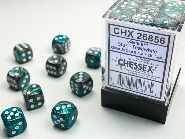  Gemini® 12mm d6 Steel-Teal/white Dice Block™ (36 dice)