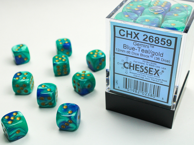  Gemini® 12mm d6 Blue-Teal/gold Dice Block™ (36 dice)