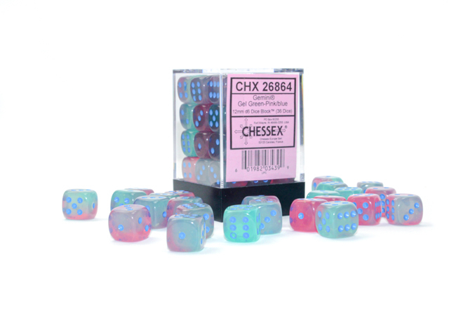  Gemini® 12mm d6 Gel Green-Pink/blue Luminary™ Dice Block™ (36 dice)