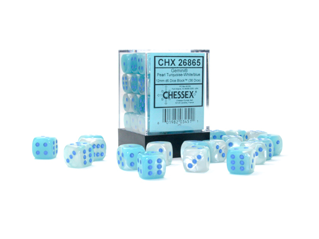  Gemini® 12mm d6 Pearl Turquoise-White/blue Luminary™ Dice Block™ (36 dice)