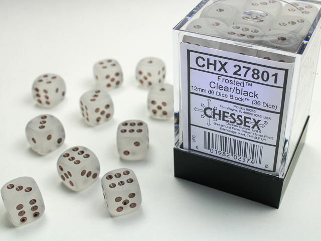  Frosted™ 12mm d6 Clear/black Dice Block™ (36 dice)