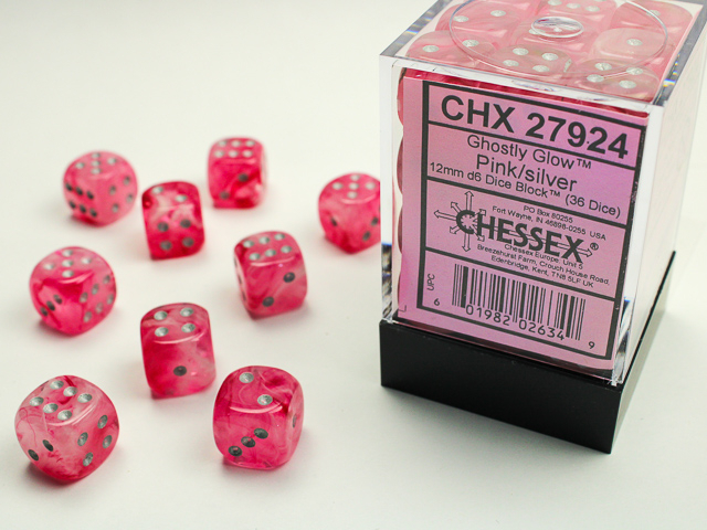  Ghostly Glow™ 12mm d6 Pink/silver Dice Block™ (36 dice)