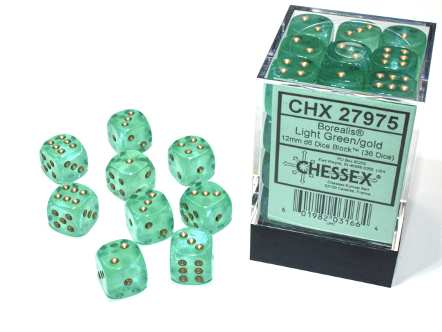  Borealis® 12mm d6 Light Green/gold Luminary™ Dice Block™ (36 dice)