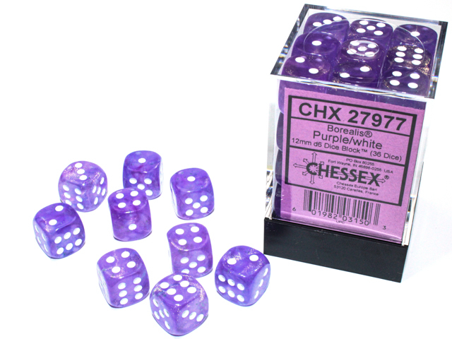  Borealis® 12mm d6 Purple/white Luminary™ Dice Block™ (36 dice)