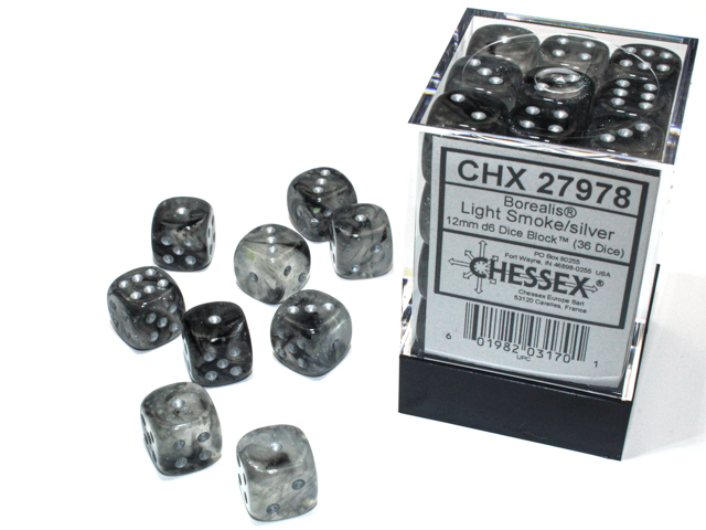  Borealis® 12mm d6 Light Smoke/silver Luminary™ Dice Block™ (36 dice)