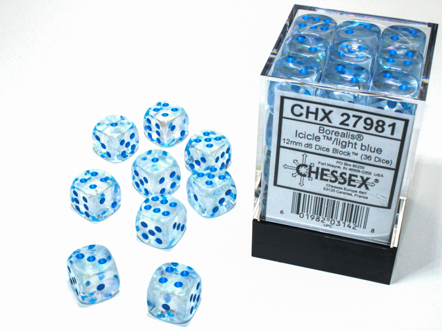  Borealis® 12mm d6 Icicle™/light blue Luminary™ Dice Block™ (36 dice)
