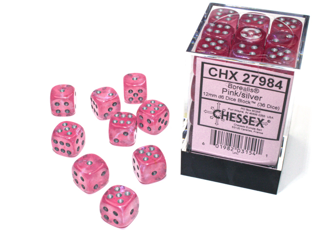 Borealis® 12mm d6 Pink/silver Luminary™ Dice Block™ (36 dice)