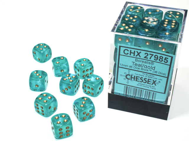  Borealis® 12mm d6 Teal/gold Luminary™ Dice Block™ (36 dice)